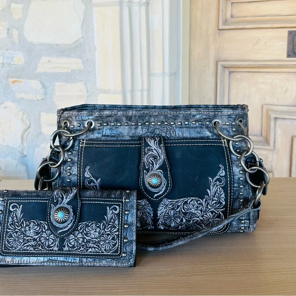 Montana west embroidery buckle black shoulder bag&wallet NWT_3